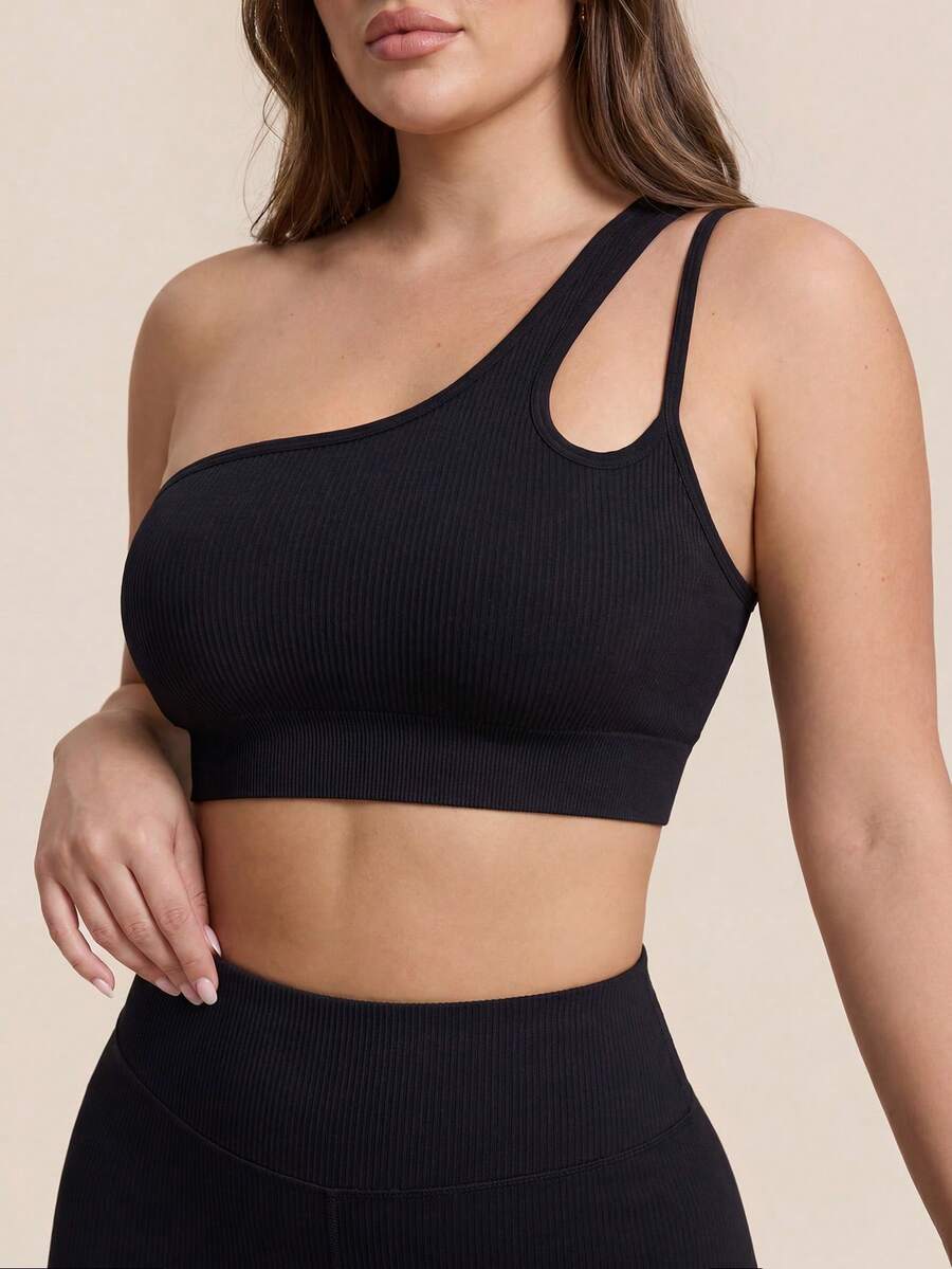 Rhythm Era Sujetador deportivo de talla grande de un solo hombro y espalda descubierta de unicolor - Negro - Ver 1
