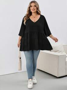 SHEIN CURVE+ Plus Size Elegant Traditional Black Short Sleeve Blouse, Daily Work Brunch, Fall Winter 2026 22W - Black - View 7