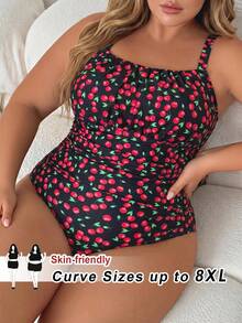 SHEIN CURVE+ Plus Size Cherry Print One-Piece Swimsuit Vacation Going Out Party Black Summer Sexy Tropical - Multicolor - View 1