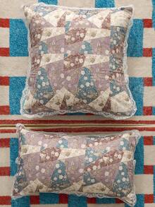 SHEIN 1 Buah, Motif Cetak Dekoratif Tepi Renda, Biru-Merah Muda, Biru-Hijau, Motif Persegi Panjang, Sarung Bantal Motif Patchwork Bunga, Sarung Bantal Dekoratif untuk Suasana, Cocok untuk Penggunaan Sehari-hari - MultiWarna - View 6