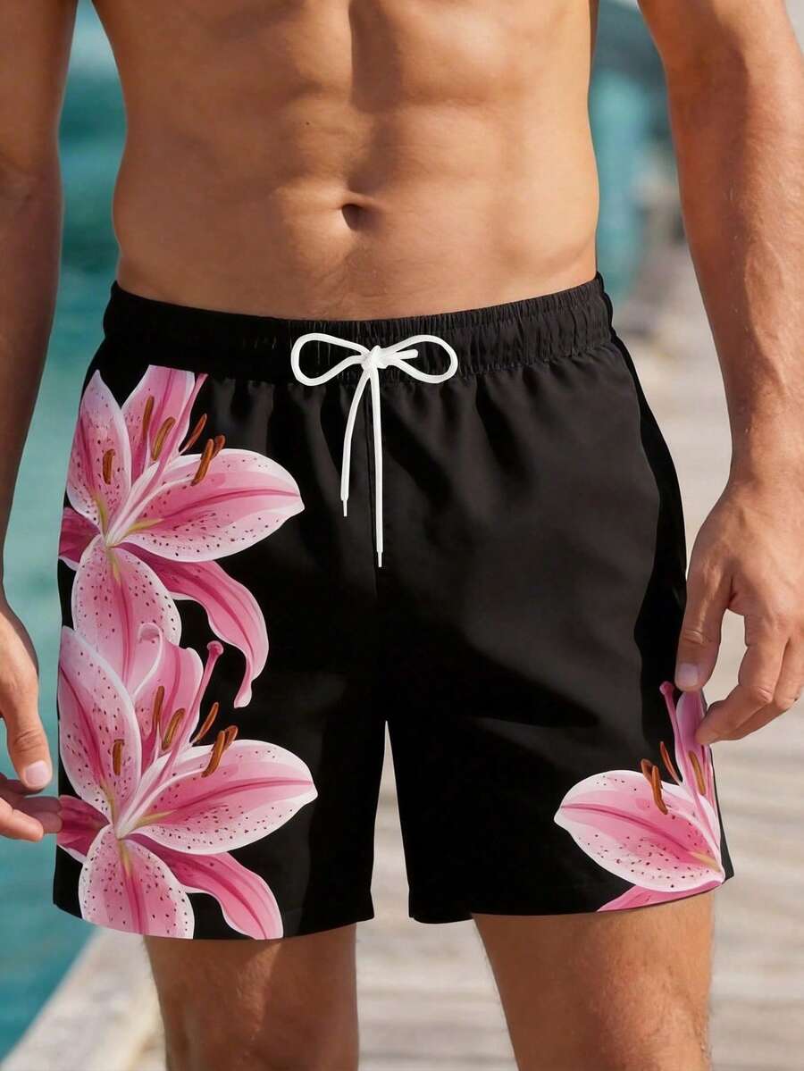 Maristyn 男士短款花卉印花沙灘短褲，適合海島度假、夏威夷度假村、假期 - 彩色 - 查看 1