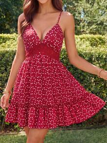 KARISMINA Women's Red Floral Heart Print Lace Trim V-Neck Spaghetti Strap Ruffle Mini Dress For Vacation Casual Romantic Boho Beach Outfits Summer - Red - View 6