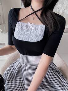 FRIFUL 2-In-1 Faux Layered Contrast Color Ruched Tie-Front Slim Fit Casual Versatile T-Shirt - Black - View 8