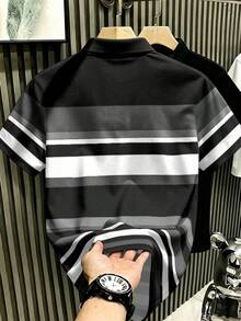 Manfinity Hypemode 美式復古經典風彩色條紋 Polo 衫，附小馬標誌印花與翻領，學院風休閒夏季上衣，男女款圖案 T 恤，適合日常穿著、休閒、度假，短袖 - 彩色 - 查看 2