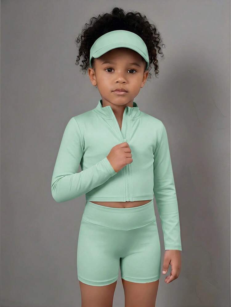SHEIN Young Girl Solid Color Long Sleeve Zip-Up Jacket Vest With Shorts Sports Set - Green - View 6