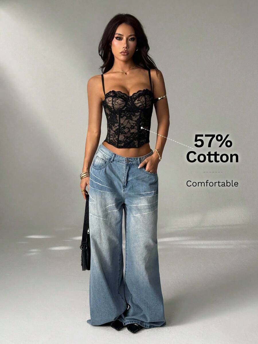 SHEIN PETITE 法式黑色玫瑰性感鋼圈蕾絲細肩帶背心 - 黑色 - 查看 1