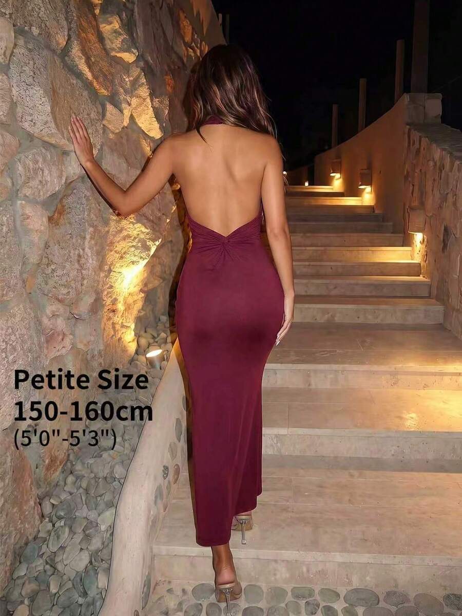 SHEIN PETITE 女款優雅酒紅色秋季派對之夜極簡純色掛脖露背扭結緊身長洋裝,復活節度假日常穿著,適合嬌小女性 - 酒紅色 - 查看 1