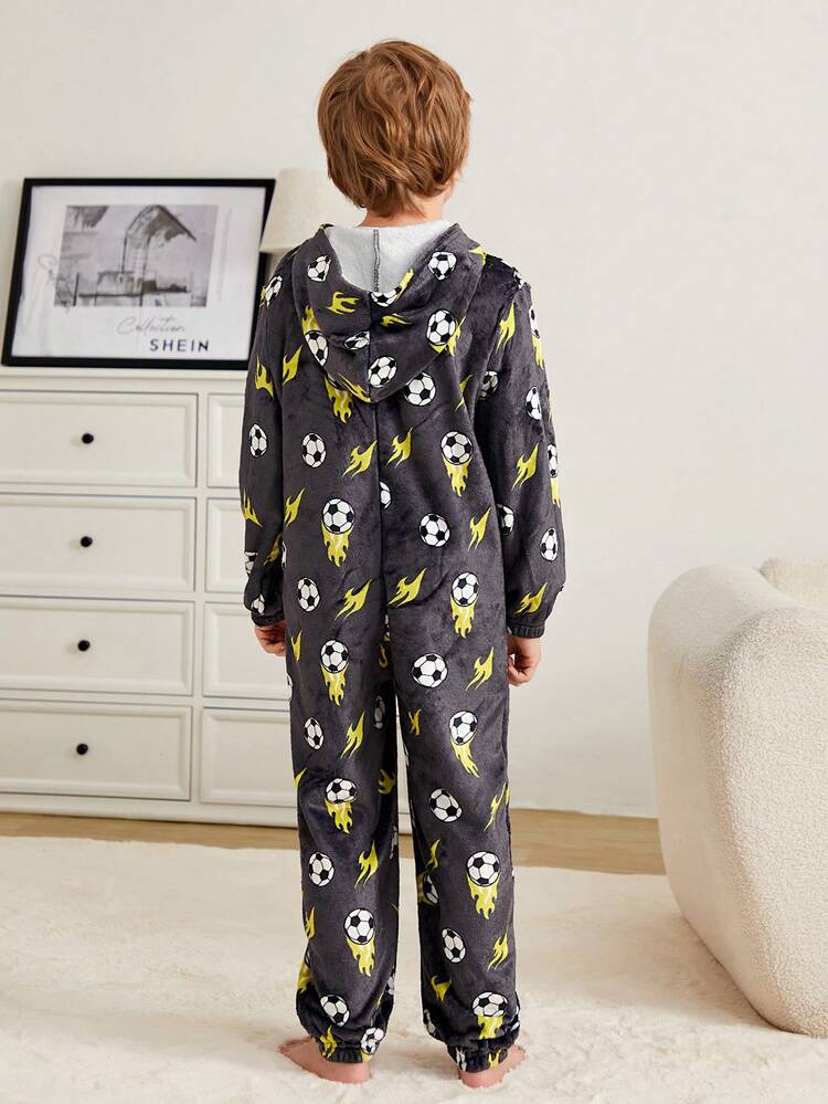SHEIN Kids Tween Boy Football Print Hooded Pajamas, Thick Fleece Skin-Friendly Sleepwear, Suitable For Autumn/Winter - Multicolor - View 6