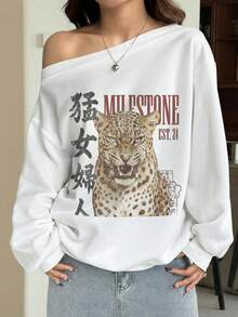 Muchica 女款休閒極簡印花露肩寬鬆不對稱衛衣，棉混紡白色寬鬆不對稱衛衣，適合秋冬 - 彩色 - 查看 7