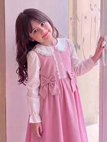 SHEIN Young Girl 3D蝴蝶結裝飾蕾絲拼接洋裝 - 粉色 - 查看 6
