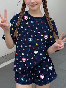 女童休閒簡約可愛甜美波點亮面紋理愛心印花，鈷藍色，短袖短褲兩件套，適合夏季舒適春夏風格，圖案，日系可愛 - 彩色 - 查看 2