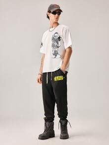 Strevion BATMAN 男士休闲通勤蝙蝠侠标志字母印花抽绳腰带口袋宽松运动裤 - 黑色 - 查看 5