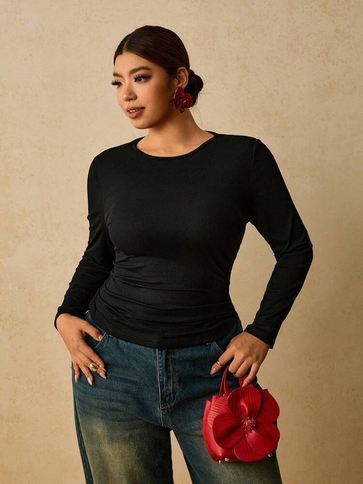 Travachic Plus Size Women's Black Long Sleeve Crew Neck Thermal Base Layer, Ruched Waist T-Shirt - Black - View 7