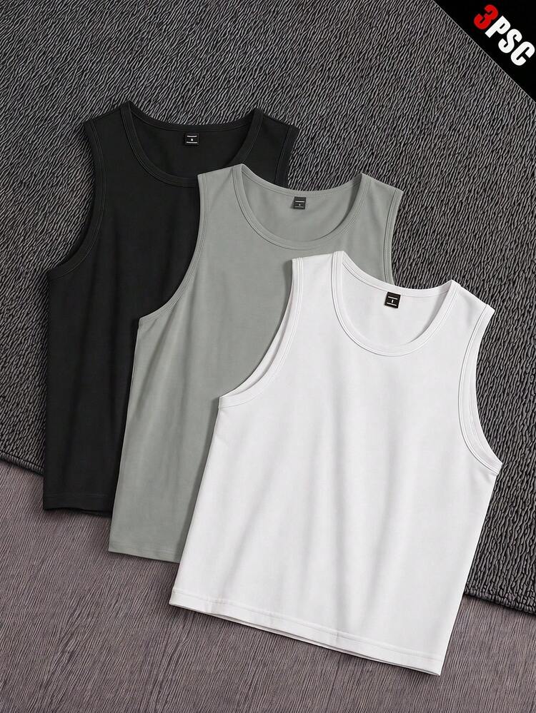 Manfinity VCAY 3pcs/Pack Men's Casual Knit Sleeveless Solid Color Tank Tops, Suitable For Daily Wear - Multicolor - View 2