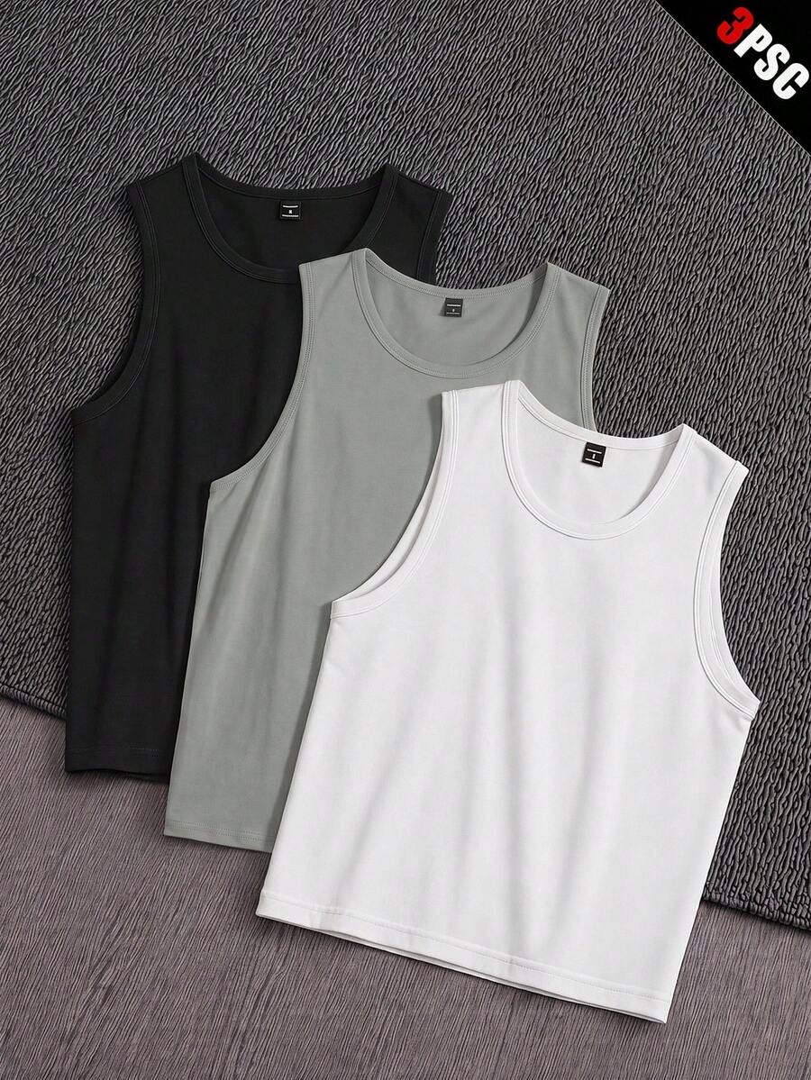 Manfinity VCAY 3 piezas/Paquete Camisetas sin mangas de punto casual para hombre, unicolor, adecuadas para uso diario - Multicolor - Ver 1