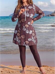 Swim Mulvari Conjunto de traje de baño de playa con top de manga larga con cremallera y media abertura y pantalones con estampado aleatorio, talla grande - Café integral - Ver 5