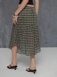 COUREZ 低腰網格格紋中長裙 Y2K 女款夏季穿搭長裙 外出穿搭 銳舞夜店風 秋季飄逸裙 - 軍綠色 - 查看 3