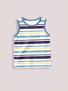 SHEIN 隨機 5 件組 3 件上衣 新款時尚舒適趣味卡通動物印花運動背心，藍色條紋背心與大象背心，適合日常穿著 - 彩色 - 查看 4