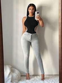 SHEIN SXY 女式夏季休闲性感黑白撞色紧身连体衣，运动风格上衣 - 黑色 - 查看 6