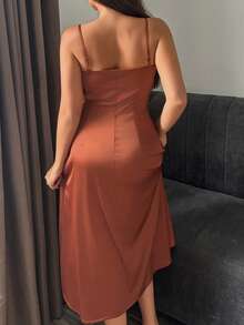 Dazy Plus Charming Glossy Satin Slim Fit Spaghetti Strap Long Plus Size Women Sexy Nightgown Spring Summer - Burnt Orange - View 7