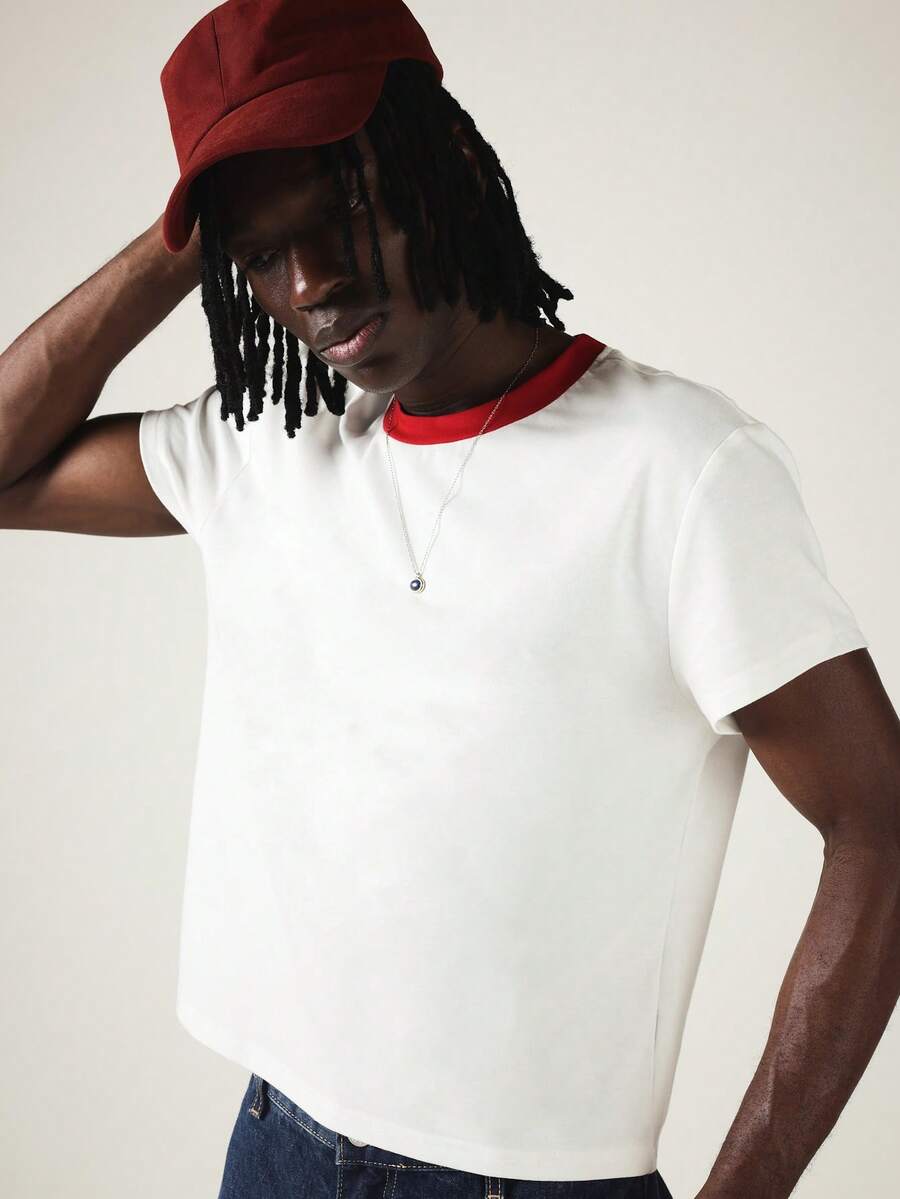 SUMWON Ringer Slim Fit Tee Crew Neck Short Sleeve Contrast Collar Casual Everyday Cropped T-Shirt Summer Essential - Multicolor - View 1
