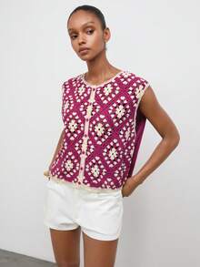 Maija Women's Summer Handmade Crochet Single-Breasted Knit Top Vacation Magenta Retro Casual - Pink - View 6