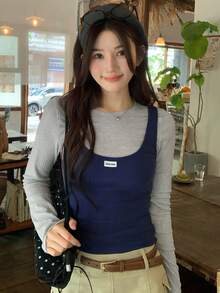 DAZY Women's Letter Print Denim Tank Top And Round Neck Long Sleeve T-Shirt Casual 2-Piece Set - Blue - View 4