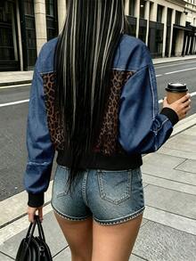 Rovax Women's Denim Leopard Graphic Print Zipper Jacket Coat - Multicolor - View 3