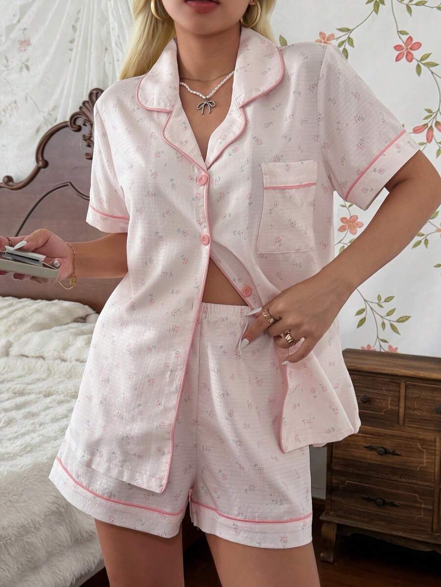 CottageSlumber Romantic Ditsy Floral Lapel Short Sleeve Shorts Pajama Set - Baby Pink - View 1