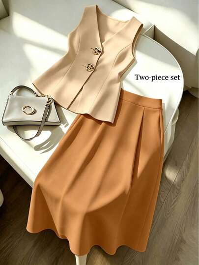 SHEIN Franclia Commuter Office Slim Fit Open Front Asymmetric Button Vest & Skirt Set, Colorblock Casual Blazer Vest And Skirt, Minimalist Fashion OL Versatile