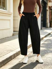 SHEIN LUNE Women's Autumn/Winter New Vintage Black Corduroy Carrot Pants, Elastic Waist Split Patchwork Loose Hip-Covering Slimming Ankle-Length Harem Casual Pants - Black - View 6