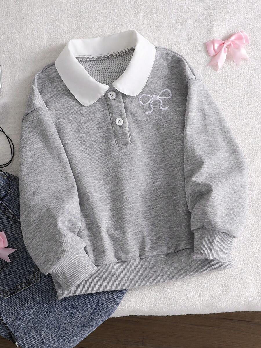 女童灰色蝴蝶結刺繡領運動衫 - 藏蓝色 - 查看 1
