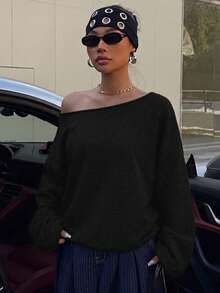SHEIN EZwear 露肩寬鬆休閒長袖運動衫 34%棉 - 黑色 - 查看 8