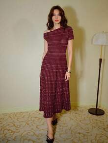 MOTF PREMIUM ASYMMETRICAL SHOULDER COLORBLOCK POLKA DOT SWEATER DRESS - Redwood - View 6