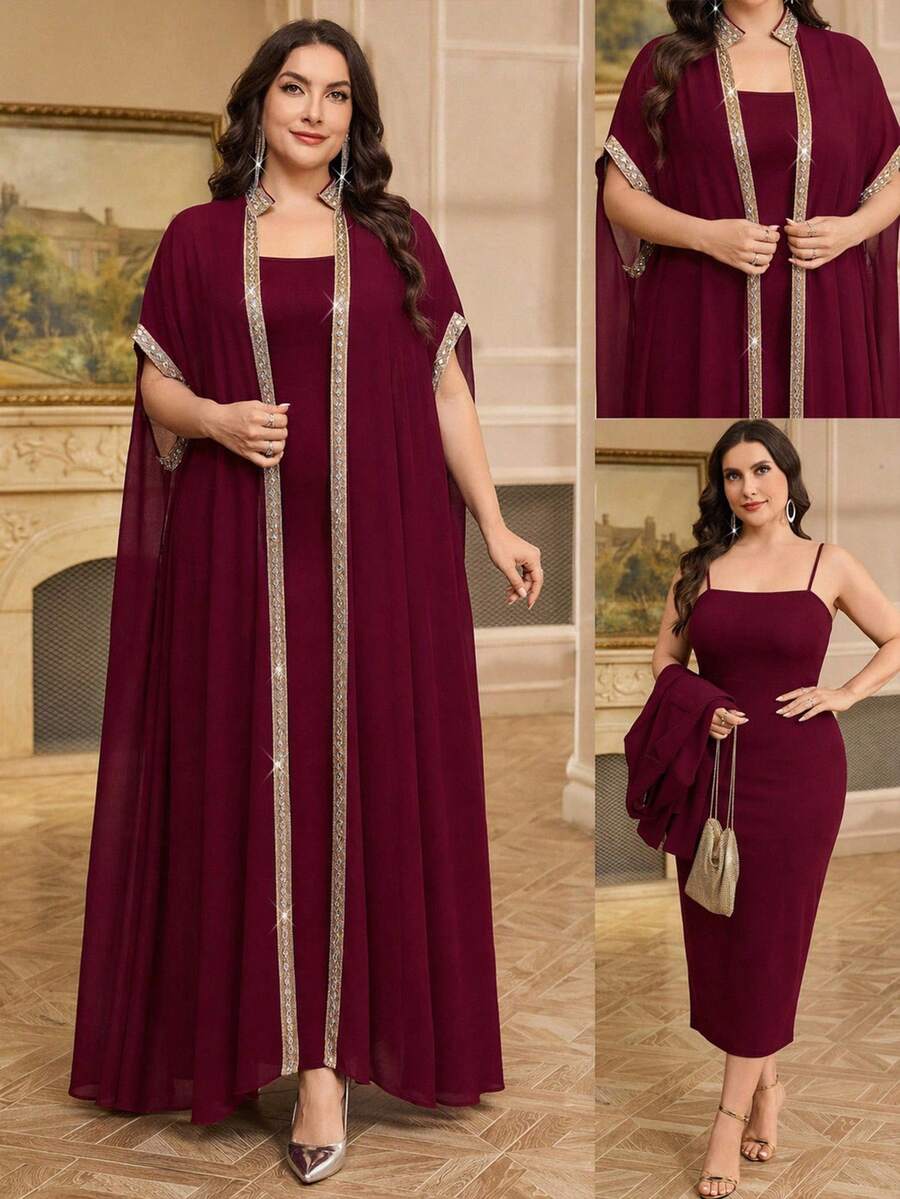 Reflora Plus Size Women's Patchwork Webbing Trim Batwing Sleeve Long Robe And Cami Dress Elegant 2-Piece Set - Burgundy - View 1
