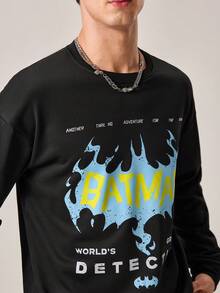 Strevion Men's Casual Batman Blue Flame Print Graphic Crew Neck Long Sleeve Sweatshirt, Spring/Autumn - Black - View 8