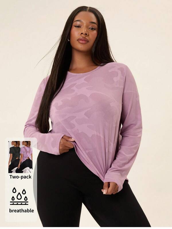 Voyena Plus Size Women's Jacquard Patchwork Mesh Back Criss-Cross Black & White 2-Piece Set Sports Top, Spring/Autumn