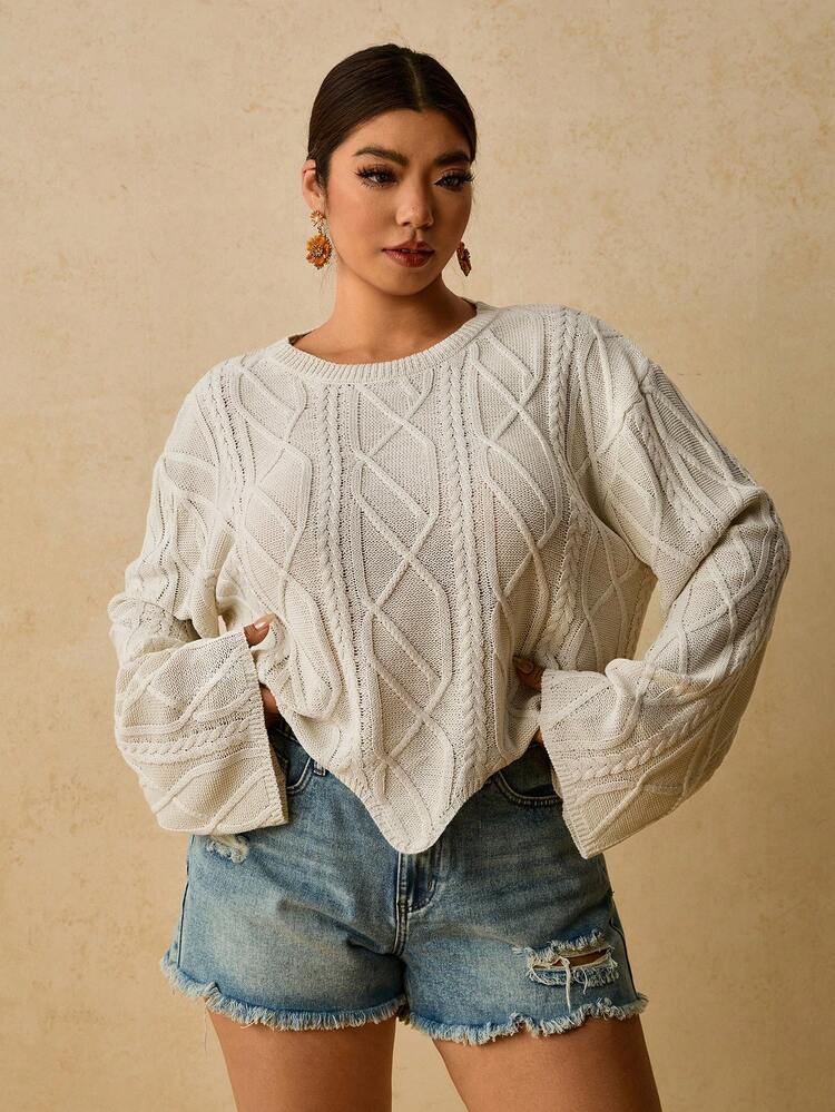Travachic Sweater Leher Bulat Wanita Ukuran Plus - Krem - View 4
