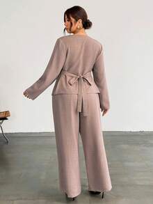 Firerie Plus Size Women's Elegant Metal Button Design Long Sleeve Shirt And Pants Set - Khaki - View 2