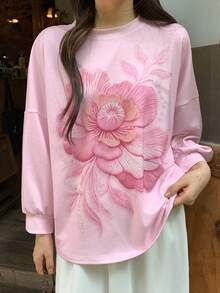 DAZY 女款花卉印花圓領休閒落肩長袖T恤 秋季 - 粉色 - 查看 5