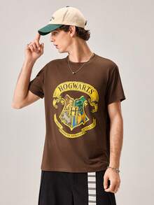 Strevion Harry Potter 男士简约哈利波特学院徽章印花圆领短袖T恤，夏季款 - 咖啡棕 - 查看 3