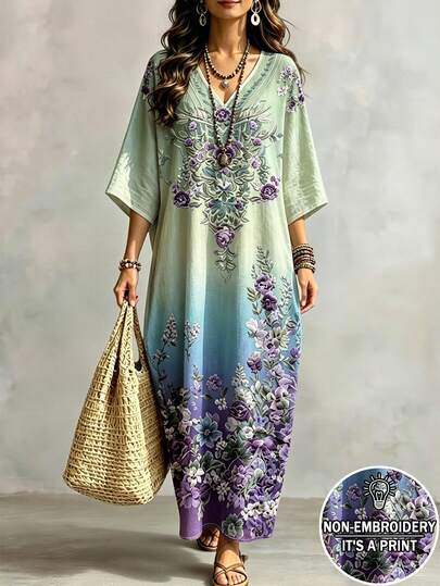 Glimmora Bohemian Boho Floral Gradient Flower Print Dress, V-Neck Batwing Sleeve Loose Fit Beach Vacation Fashion Creative New Style For Women Green Summer