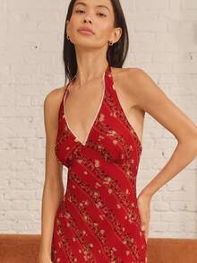 lacRébo Vintage Red Midi Dress With Diagonal Floral Print, Halter Neckline, And Open Back Elegant Style Chic - Red - View 5