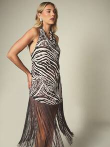 KSTM Zebra Print Halter Neck Cowl Asymmetrical Fringe Hem Midi Dress Summer Party Evening - Multicolor - View 5