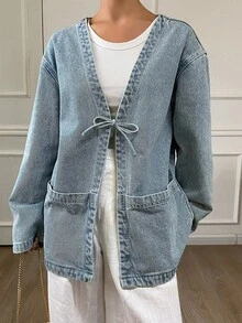 Dazy Plus Jaket Denim Kasual Vintage Wanita Ukuran Plus dengan Tali Pengikat, Model Longgar, Gaya Blogger, Musim Semi/Musim Gugur - Light Wash - View 7