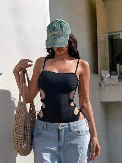 Swim SXY Women's Spring/Summer Solid Color Spaghetti Strap Criss-Cross Tie One-Piece Swimsuit
