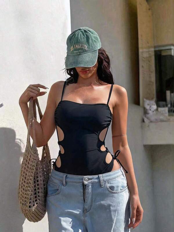 Swim SXY Women's Spring/Summer Solid Color Spaghetti Strap Criss-Cross Tie One-Piece Swimsuit