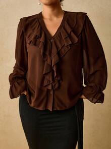 Travachic Plus Size Women's Chiffon Printed Long Sleeve Shirt, Leopard Print Ruffle Blouse - Brown - View 5