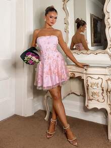 Glamine Charm Women's 3D Embroidered Bandeau Backless Dress - Pink - View 5