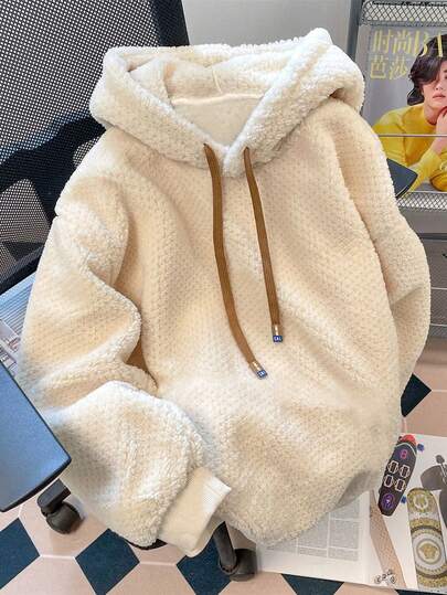 Resyla Women's Plus Size Autumn/Winter New Fuzzy Casual Hooded Loose Apricot Sweatshirt, Comfortable Fuzzy Fabric, Contrast Color Drawstring And Label Detail, Loose Drop Shoulder Fit For All Body Types, Ribbed Cuffs, Daily Commute, Casual Outing, Autumn/Winter New Sweatshirt, Fuzzy Sweatshirt